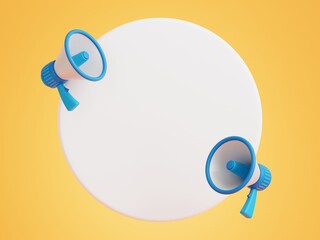 Blue megaphone on yellow background with copy space. 3d rendering.