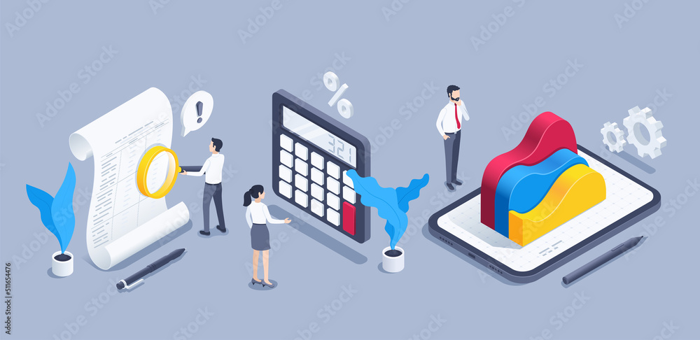 Poster isometric vector illustration on a gray background, business people next to a document and calculato