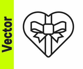 Black line Candy in heart shaped box and bow icon isolated on white background. Valentines Day. Vector