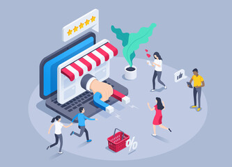 isometric vector illustration on a gray background, a hand with a magnet from the laptop screen from the web page of the store and people running there, attracting buyers via the Internet