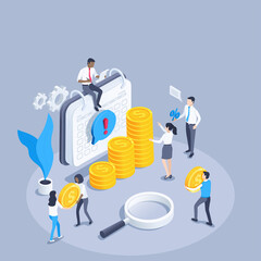isometric vector illustration on a gray background, people in business clothes near a calendar and a chart of gold coins with dollar signs, filling the company's budget