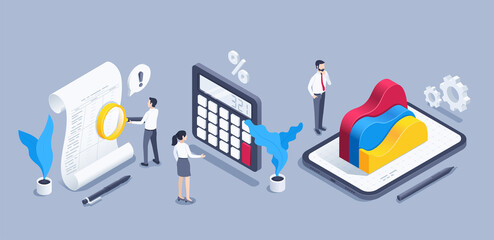 isometric vector illustration on a gray background, business people next to a document and calculator with magnifying glass, wavy chart on a tablet screen, financial data processing and analysis