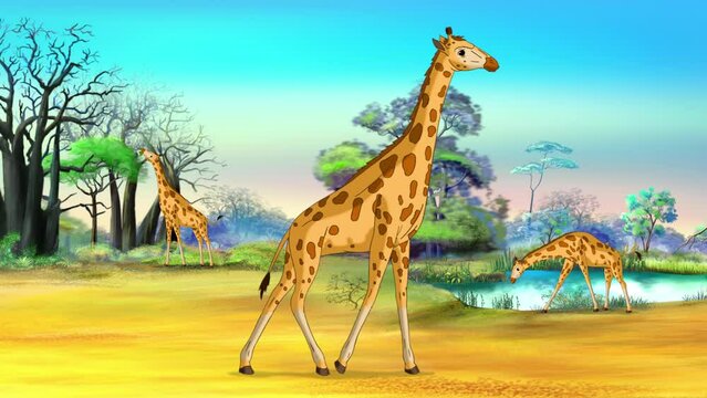 African giraffes in the savannah on a sunny day 4K animation