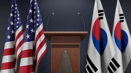 Flags of USA and Republic of Korea at international meeting or negotiations press conference. Podium speaker tribune with flags and coat arms. 3d rendering