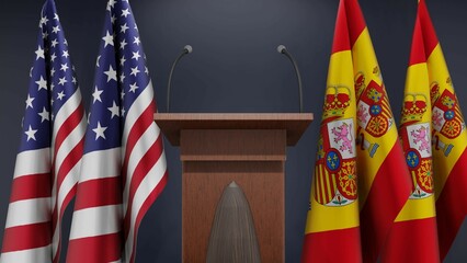Fototapeta na wymiar Flags of USA and Spain at international meeting or negotiations press conference. Podium speaker tribune with flags and coat arms. 3d rendering