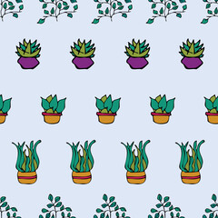 Vector white background plant in pot, succulents seamless pattern. Seamless pattern background