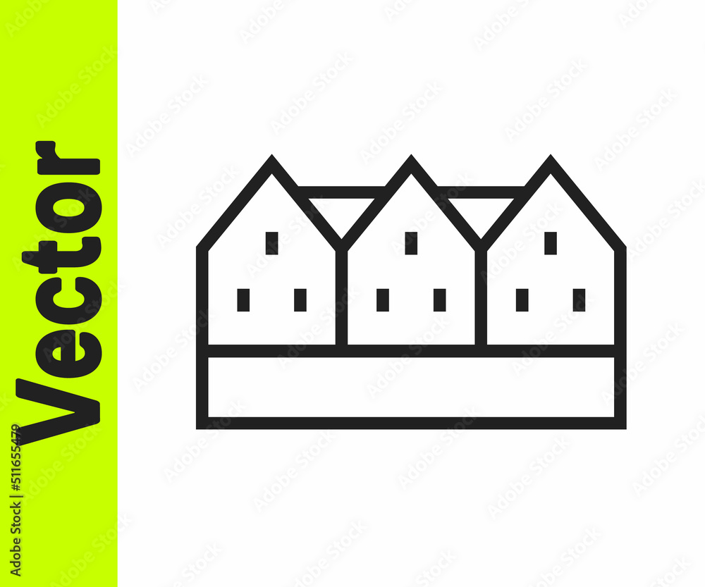 Sticker black line icelandic wooden house icon isolated on white background. architecture element of iceland