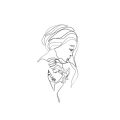 Mom and daughter, continuous line drawing, print for clothes and logo design, small tattoo, emblem or logo design, isolated vector illustration.