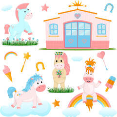 Vector set of cute cartoon ponies and stables, for children, on a white background.