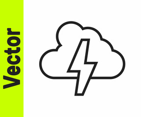 Black line Storm icon isolated on white background. Cloud and lightning sign. Weather icon of storm. Vector
