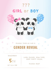 He or she. Boy or girl. Vector gender reveal party invitation template with cute little panda boy and girl and pink and blue balloons.