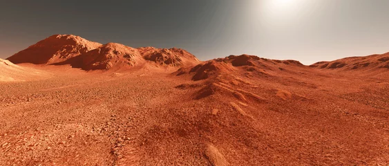 Foto op Aluminium Mars planeet landschap, 3D render van denkbeeldig Mars planeet terrein, oranje geërodeerde woestijn met bergen en zon, realistische science fiction illustratie. © Cobalt