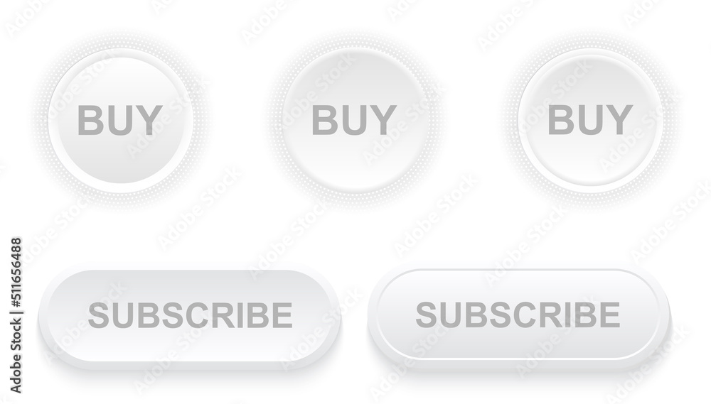 Fototapete Subscribe and buy buttons with halftone pattern around, white grey minimal modern vector backgrounds for website, 3D White buttons for user interface.