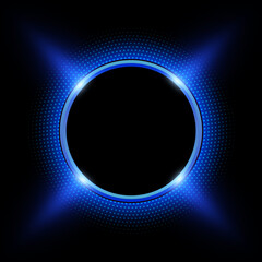 Blue sparkling ring with glitter on black background. Vector shiny button with blue halftone, dots pattern around, vector illustration.