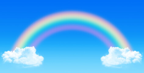 Rainbow with blue sky and cumulus clouds; paradise perfect and symmetrical backgound, idyllic ideal weather icon, 3D illustration.
