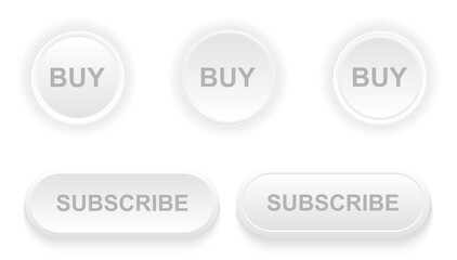 Subscribe and buy buttons with halftone pattern around, white grey minimal modern vector backgrounds for website, 3D White buttons for user interface.