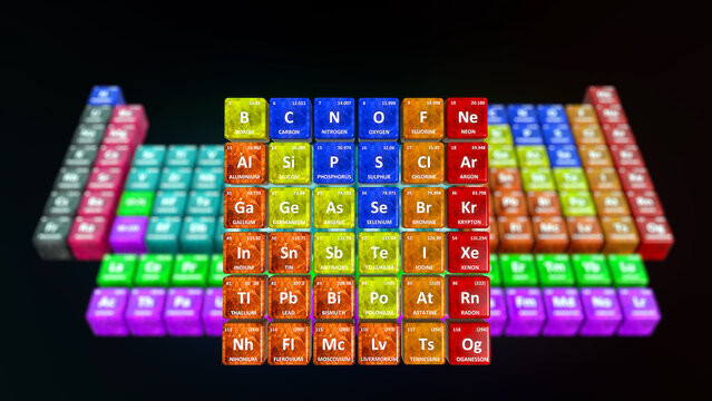 P block elements in periodic table 3d illustration