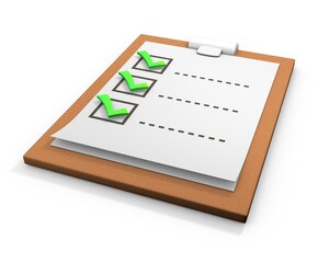 Cork clipboard task management with approved todo check list, white background. 3D render
