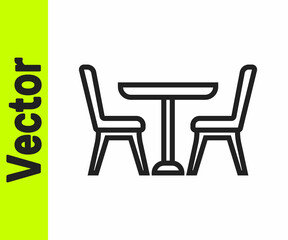 Black line Wooden table with chair icon isolated on white background. Vector
