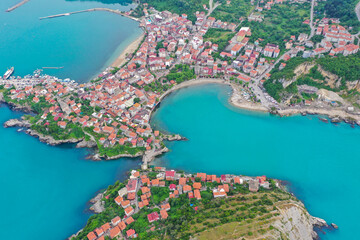 Fototapeta premium Beautiful cityscape on the mountains over Black-sea, Amasra. Amasra traditional Turkish architecture
