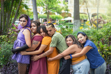 Group of different people hugging each other. Concept of friendship, respect, equality, diversity.