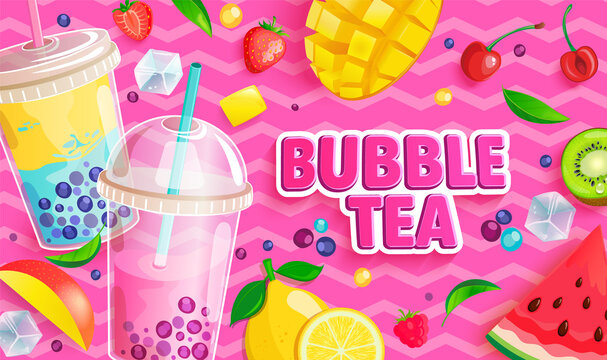 Bubble tea banner on sweet pink background. Bubbletea with fruits and berries.Milkshake smoothie with mango,strawberries,tapioca,cherry,watermelon with place for text, brand for flyers, posters.Vector