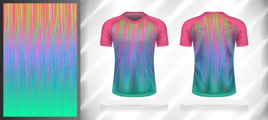 Vector sport pattern design template for T-shirt front and back view mockup. Pink-blue-green color gradient curve line texture background illustration.