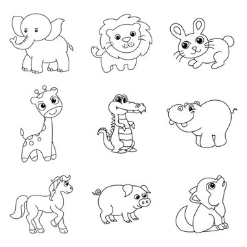 Animal set cartoon coloring page illustration vector. For kids coloring book.