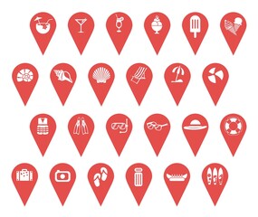 Large set of red map pin icons. Modern map markers with image summer signs. Pointers for a summer bar, beach, party, souvenir shop. Vector icon isolated on transparent background