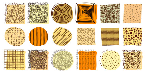 Abstract designs and shapes, collection of elements in different textures and colors, hand drawn