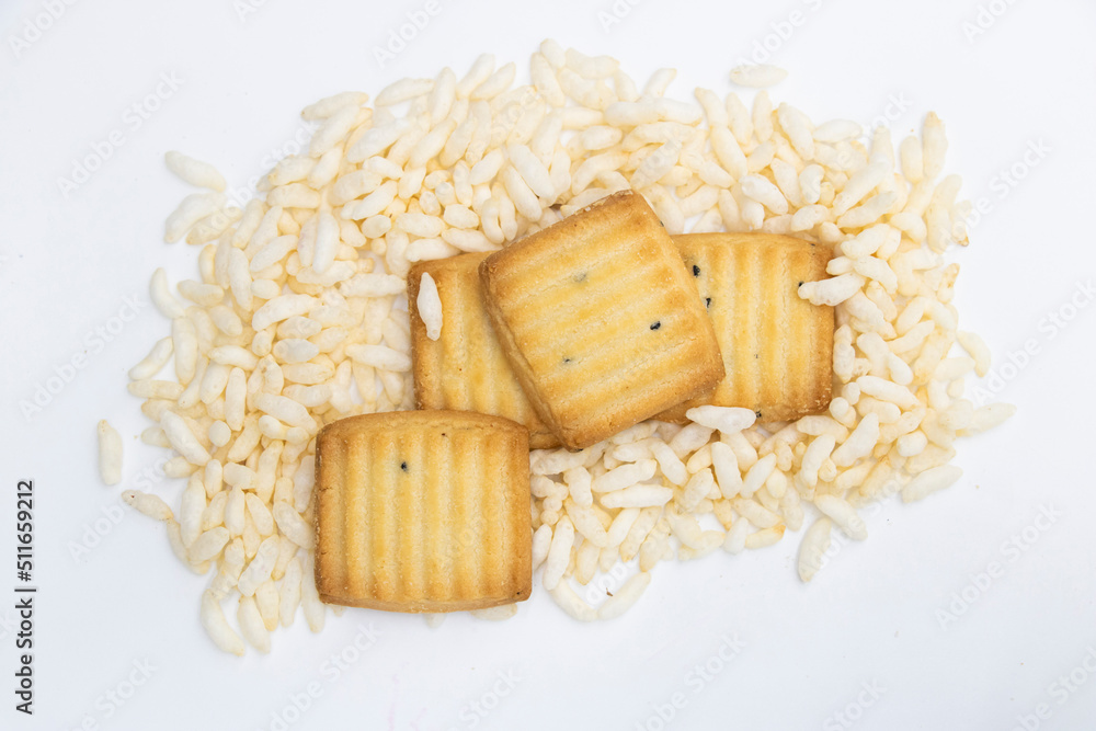 Wall mural biscuit or cookies isolated on white background selective focus.