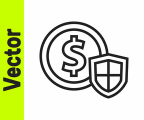 Black line Money with shield icon isolated on white background. Insurance concept. Security, safety, protection, protect concept. Vector