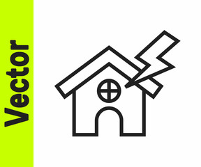 Black line House and lightning icon isolated on white background. House with thunderbolt for house or property insurance symbol. Vector