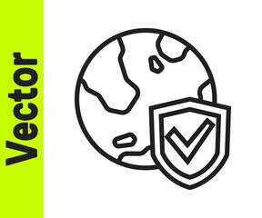 Black line Shield with world globe icon isolated on white background. Insurance concept. Security, safety, protection, privacy concept. Vector