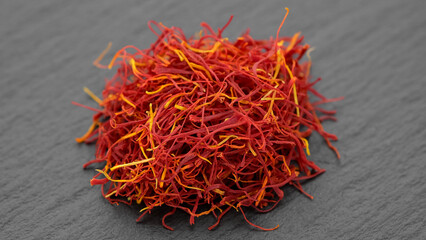 Naklejka premium Saffron threads spice isolated on dark stone plate