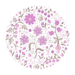 Round natural ornament of flowers, leaves, roots, swirls and berries in light lilac tones isolated on white background in vector.