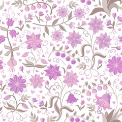 Delicate seamless print for fabric, wallpaper with rose-lilac flowers, berries and green leaves isolated on white background in vector. Natural romantic pattern.