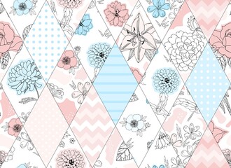 Exquisite seamless pattern of rhombuses with a floral and abstract print in light pink and pale blue tones on a white background. Ornament for fabric, wallpaper, packaging in patchwork style in vector - obrazy, fototapety, plakaty