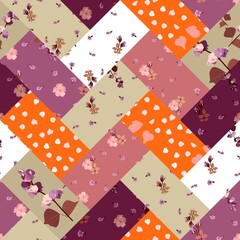 Romantic seamless patchwork floral pattern with flowers, buds and petals on olive, orange, purple background. Vector illustration.