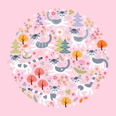 Cute cartoon cats are walking in a fairy forest. Round pattern on a pale pink background. Ornament for pillows, napkins in vector.