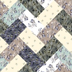 Elegant geometric patchwork pattern with abstract flowers and leaves in muted olive, purple, brown, blue, yellow tones in vector. - obrazy, fototapety, plakaty