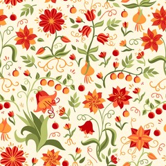 Seamless summer print for fabric with fabulous flowers, leaves, roots, swirls, berries in orange, red, green colors on a light background.