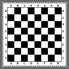Black and white chess board background design in vector. Simple ornamental frame.