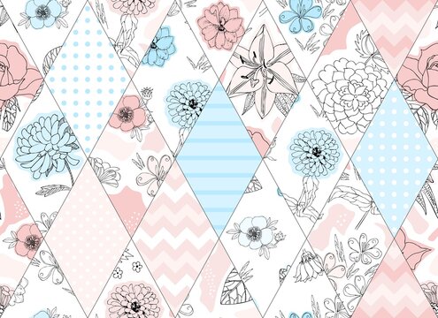 Exquisite seamless pattern of rhombuses with a floral and abstract print in light pink and pale blue tones on a white background. Ornament for fabric, wallpaper, packaging in patchwork style in vector
