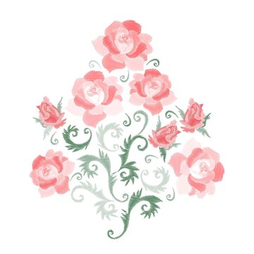 Embroidered bouquet of red roses with fancy green leaves isolated on white background in vector. Nice natural print.