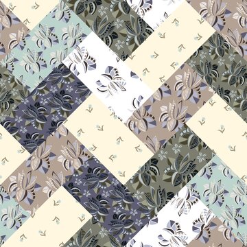 Elegant geometric patchwork pattern with abstract flowers and leaves in muted olive, purple, brown, blue, yellow tones in vector.