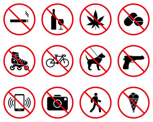 Forbidden Caution Pictogram Set. Restriction Area Ban Black Silhouette Icon Collection. Warning Red Stop Circle Symbol. Alert No Allowed Zone Sign. Prohibited Icon. Isolated Vector Illustration