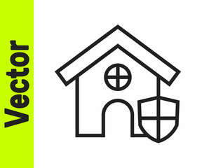 Black line House with shield icon isolated on white background. Insurance concept. Security, safety, protection, protect concept. Vector