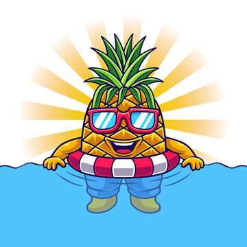 Cute Pineapple Illustration Chill On Swimming Pool with Glasses