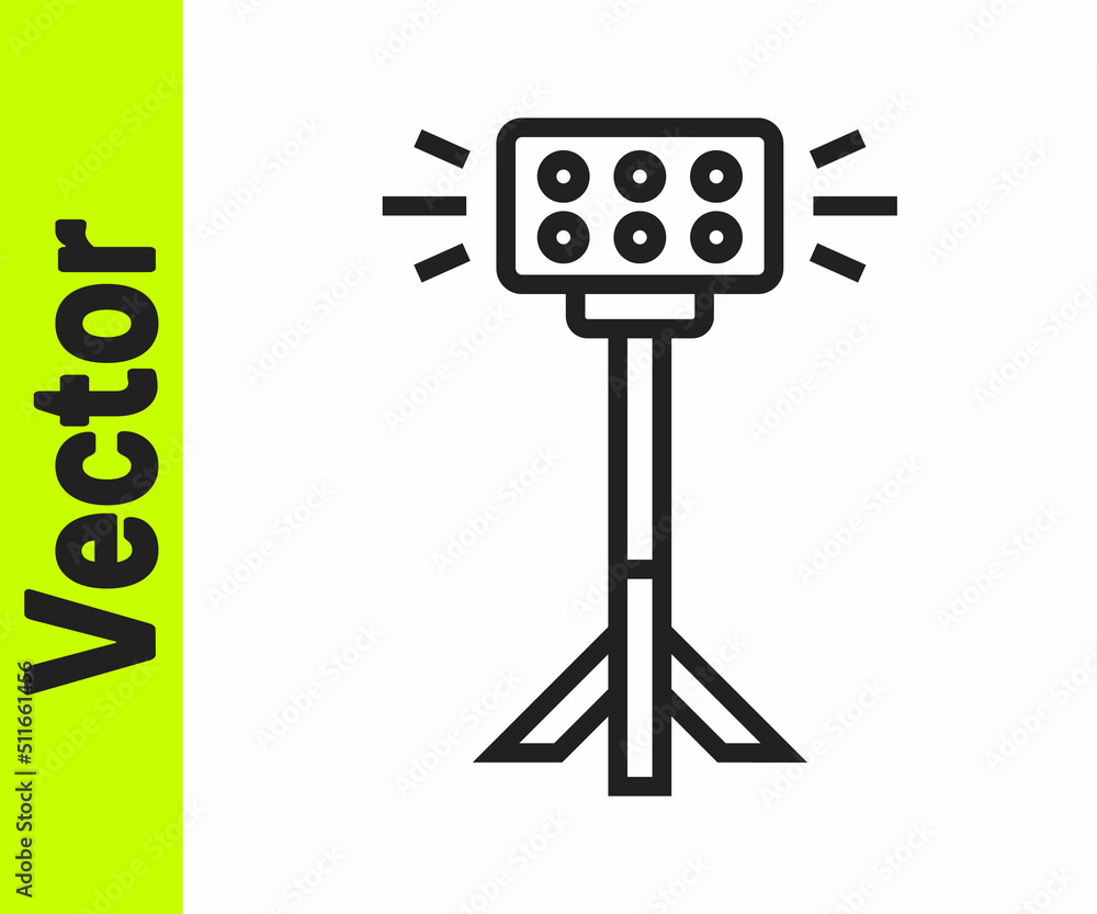 Poster black line studio light bulb in softbox icon isolated on white background. shadow reflection design.